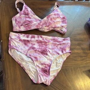 Tie-Dye Lavender and White High-Waist Bikini Set